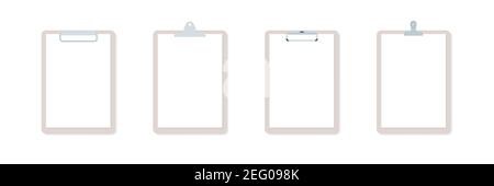 Symbol für Zwischenablage festgelegt. Verschiedene Büroklammer. Leeres weißes Papier. Vektor-Illustration, flaches Design Stock Vektor