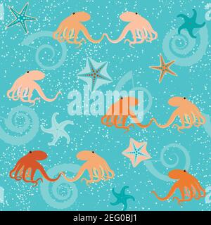 Nahtloses Muster mit Oktopusse, Muscheln und Sternen Stock Vektor