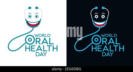World Oral Health Day Schriftzug mit Stethoskopen und Emoticons. Grußkarten-Designs. Stock Vektor
