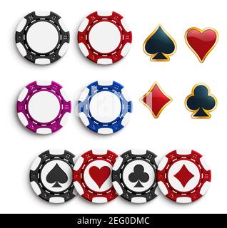 Casino Poker Chips oder Spielmarken mit Spielkarten passt. Vector isolierte Pokerspiel-Chips mit Herzen, Pik oder Diamanten und Clubs passen für auf Stock Vektor