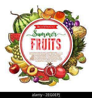 Obst Skizzenposter für Saft oder Marmelade und Obstladen. Vektor frische Sommer Wassermelone, Garten Apfel, Pflaume oder Birne und exotische Avocado, Traube oder Zitrone A Stock Vektor