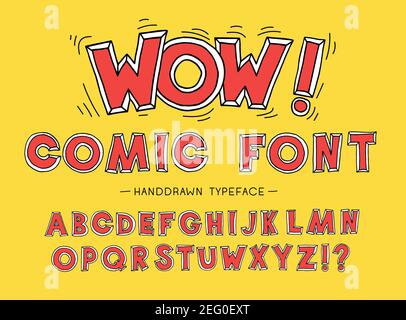 Red Wow Comic-Schrift. Handgezeichnete Vektorschriftart. Handgeschriebenes Alphabet. Dekorativer Typ. Schriftart Vektorgrafik. Stock Vektor