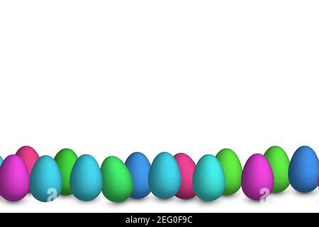 Osterhintergrund mit 3D bunten Eiern. Vorlage Design für Karte, Postkarte, Tapete, Plakate, Banner. Vektorgrafik. Rahmen für den Urlaub Stock Vektor