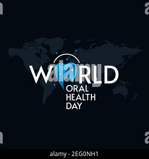 World Oral Health Day typografische Schriftzüge auf Welt kartierten schwarzen Hintergrund. Dental Grußkarte Design. Stock Vektor