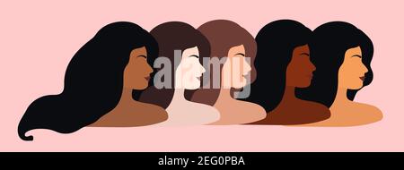 Internationaler Frauentag 8. März. Vektor-Illustration mit Frauen verschiedener Nationalitäten und Kulturen. Kampf für Freiheit, Unabhängigkeit, Gleichheit Stock Vektor