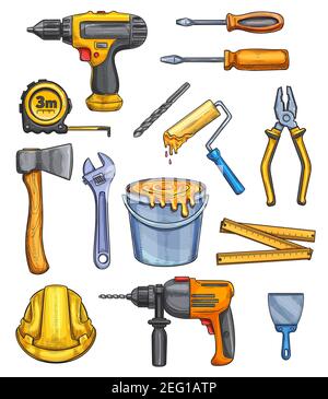 Konstruktionswerkzeuge Farbskizzen Symbole. Vector isoliert Gebäude, Zimmerei und Malerei Werkzeug von elektrischen Bohrer, Axt oder Band-Maß, Schraubendreher A Stock Vektor