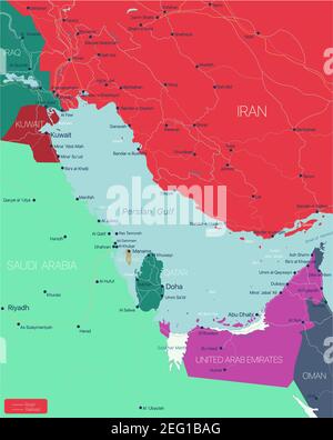 Persischer Golf Region Land detaillierte editierbare Karte mit Ländern Hauptstädte und Städte. Vector EPS-10-Datei Stock Vektor