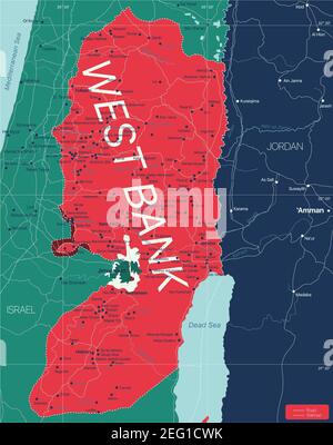 West Bank Region Land detaillierte bearbeitbare Karte mit Ländern Hauptstädte und Städte. Vector EPS-10-Datei Stock Vektor