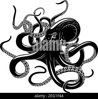 Octopus schwarze Silhouette von Meer Monster. Böse kraken oder riesige Tiefwasser Tier mit gebogenen Tentakeln isoliert Symbol für Tattoo, nautische Heraldik oder Stock Vektor