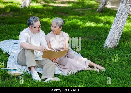Glückliches altes Paar, das auf dem Parkgras sitzt und lächelt liest Stockfoto