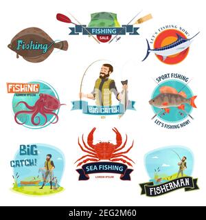 Angeln Icons Vorlagen für Fischer Shop oder Fischer Shop Verkauf. Vektor isolierte Symbole von Fisch und Meeresfrüchten fangen oder Angelrute und Tackles, Köder w Stock Vektor