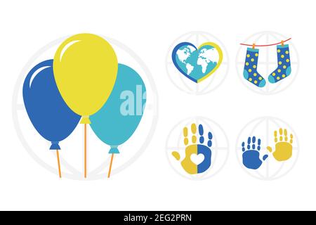 Luftballons und Down-Syndrom Tag-Symbol auf weißem Hintergrund, buntes Design, Vektor-Illustration gesetzt Stock Vektor