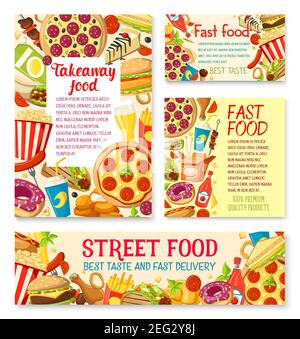 Fastfood- und Street-Food-Poster und Banner für Fastfood-Restaurant-Design. Vector Burger, Pizza oder Hot Dog und Pommes. Vector Kino Bistro Kaffee Stock Vektor