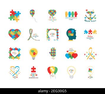 Stellen Sie Autismus Bewusstsein Tag, Puzzles Kopf Kind Herz Hand Ballon Band und Glühbirne Symbol Vektor Illustration Stock Vektor