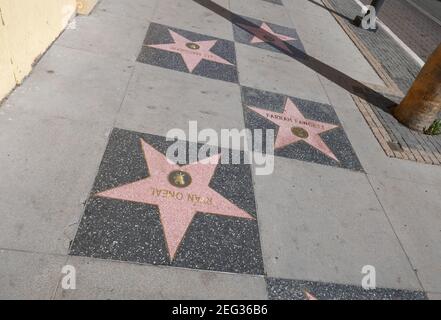 Hollywood, California, USA 17th. Februar 2021 EIN allgemeiner Blick auf die Atmosphäre der Schauspielerin Ali MacGraw Star, Schauspielerin Farrah Fawcett Star und Schauspieler Ryan O'Neal Star auf dem Hollywood Walk of Fame am 17. Februar 2021 in Hollywood, Kalifornien, USA. Foto von Barry King/Alamy Stockfoto Stockfoto