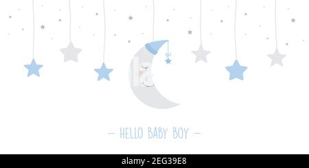 Baby Junge Grußkarte mit hängenden schlafenden Mond und Sterne vektorgrafik EPS10 Stock Vektor