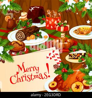 Weihnachtsfeiertag Banner der festlichen Abendessen auf Holztisch. Weihnachten pute oder Huhn, Obstkuchen und Kekse, süßes Brot, Pudding und gegrillter Fisch poste Stock Vektor