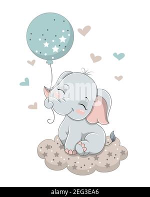 Nettes Baby Elefant auf der Wolke sitzen Stock Vektor
