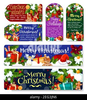Frohe Weihnachten Gruß Banner und Geschenk-Tags Design-Set. Vektor Xmas Baum in Dekoration Ornamente und Weihnachtsmann Hut oder Lebkuchen Cookie und goldenen Bel Stock Vektor