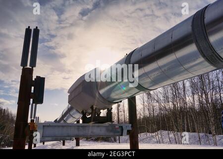 Trans-Alaska-Pipeline-System im Schnee. 18. März 2016, Alaska. Es transportiert Öl von Prudhoe Bay nach Valdez, Alaska, USA. Stockfoto