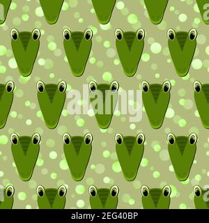 Nahtloses Muster mit niedlichen Krokodil Gesicht auf grünen Tupfen Hintergrund. Vektor flache Tiere bunte Illustration für Kinder. Entzückende Karikatur Stock Vektor