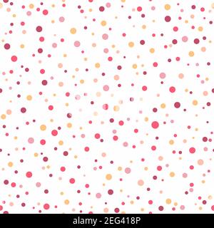 Nahtloses abstraktes Muster aus kleinen roten und orangen Kreisen und Punkten auf weißem Hintergrund. Kaleidoskop Hintergrund. Helle Tapete, gut zum Drucken. Stock Vektor