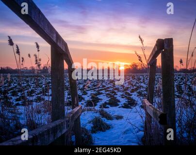 Spektakulärer Wintersonnenaufgang über flachem Ackerland Stockfoto