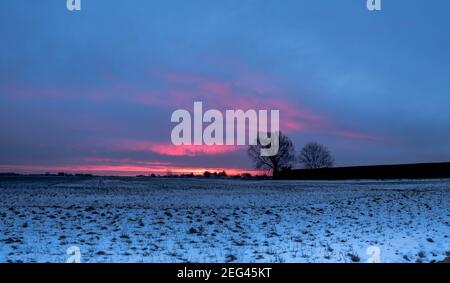 Spektakulärer Wintersonnenaufgang über flachem Ackerland Stockfoto