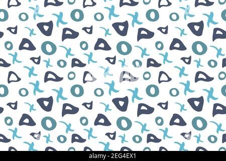 Doodle geometrische nahtlose Muster, handgezeichnete Dreieck, Kreis, Kreuz Formen. Einfacher neutraler Hintergrund in blauer Farbpalette, auf Weiß. Vektor Stock Vektor