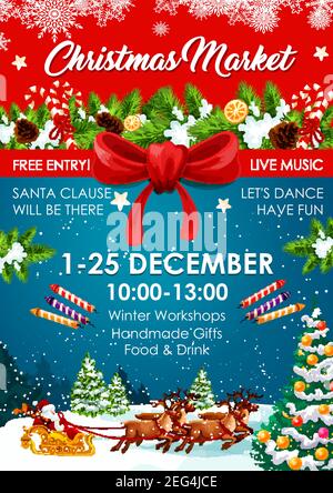 Weihnachtsmarkt Plakat für Winterurlaub Messe Einladungsvorlage. Weihnachtsbaum, Weihnachtsmann und Rentier Schlitten Banner, mit Schleife und verziert Stock Vektor