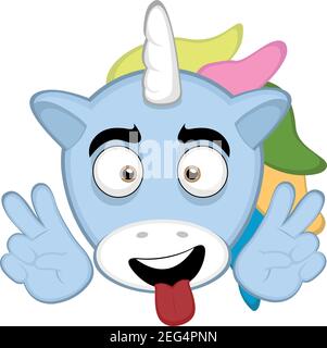 Vector Emoticon Illustration des Kopfes eines niedlichen Cartoon Einhorn, mit einem glücklichen Ausdruck, mit seiner Zunge aus und mit seinen Händen machen das Symbol Stock Vektor