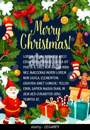 Frohe Weihnachten Grußkarte Design-Vorlage von Weihnachtsbaum Dekoration Ornament und Weihnachtsmann Geschenk Strümpfe. Vektor goldene Glocken in Stechenkranz oder Christus Stock Vektor