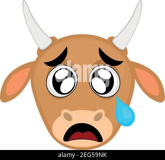 Vector Emoticon Illustration des Kopfes einer Cartoon-Kuh mit einem traurigen Ausdruck und Weinen, mit einer Träne fallen aus einem seiner Augen Stock Vektor