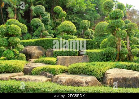 Malerische tropische Landschaft, exotische Bäume, Palmen gegen die Berge von gelben Steinen. Schöner Landschaftspark in Thailand, Pattaya, Frühling Stockfoto