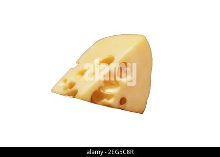 Ein Stück Käse mit Löchern isoliert auf weißem Hintergrund Stockfoto