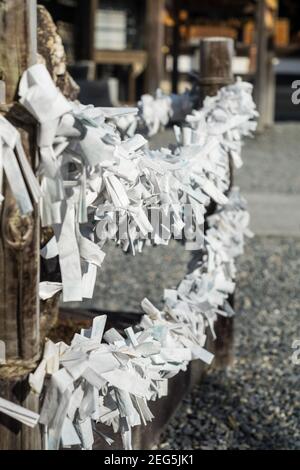 Nahaufnahme von Hunderten von Omikuji-Papier-Fotrune, die in einem Shinto-Schrein in Kyoto, Japan, an die Schnur gebunden sind Stockfoto