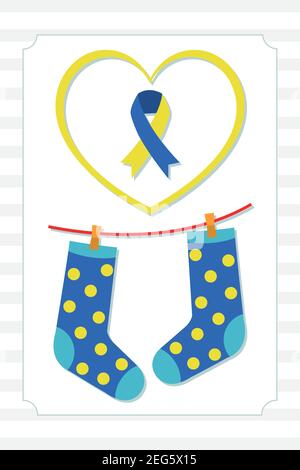 World Down Syndrom Tag, Herz mit Band und gepunkteten Socken auf weißem Hintergrund, buntes Design, Vektor-Illustration Stock Vektor