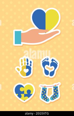 World Down-Syndrom-Symbole auf orangefarbenem Hintergrund, farbenfrohes Design, Vektordarstellung Stock Vektor