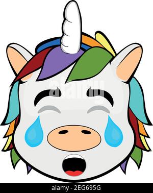 Vector Emoticon Illustration Cartoon eines Einhorns Kopf mit einem traurigen Ausdruck und Weinen mit geschlossenen Augen und Tränen auf seinem Gesicht Stock Vektor