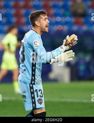 Valencia, Spanien. Feb 17 2021: Aitor Fernandez von Levante UD während der spanischen Meisterschaft La Liga Fußball mach zwischen Levante und Atletico de Madrid am 17. Februar 2021 im Estadio Ciutat de Valencia in Valencia, Spanien - Foto Maria Jose Segovia/Spanien DPPI/DPPI/LiveMedia/Sipa USA Credit: SIPA USA/Alamy Live News Stockfoto