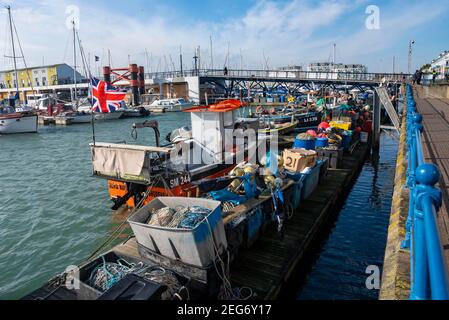 Brighton Marina Fischerboote festgemacht während des Winters Sussex VEREINIGTES KÖNIGREICH Stockfoto