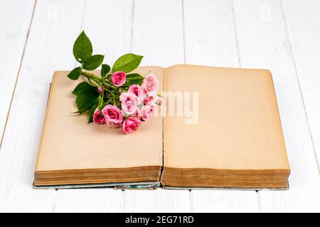 Rosen auf einem alten Buch auf weißem Holzhintergrund. Blumen Stockfoto