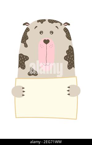 Niedliche Cartoon Hund Wolf Welpen Tier halten Tag Zeichen mit Kopierraum. Set Grußkarte Banner Einladung Flyer Broschüre. Cartoon Hand gezeichnet Stil. Leuchtet Stock Vektor