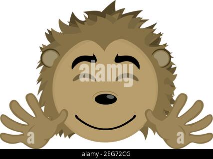 Vector Emoticon Illustration Karikatur eines Stachelschweines Kopf mit einem fröhlichen Ausdruck lächelt mit offenem Mund und geschlossenen Augen, zeigt Hände Stock Vektor