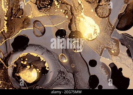 Geode in Schwarz, Grau und Gold. Abstraktes Marmormuster. Alkohol Tinte Technik Stein Textur. Vektorhintergrund. Moderne Farbe mit Glitzer. Banner, Poster Stock Vektor