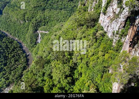 Luftaufnahme eines Flusses in einem wunderschönen Bergwald Im Süden Brasiliens Stockfoto