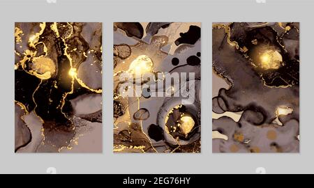 Set aus abstrakten Flyern aus schwarzem, grauem und goldenem Marmor. Alkohol Tinte Technik Stein Textur. Vektorhintergrund. Moderne Farbe mit Glitzer. Banner, Poster Stock Vektor