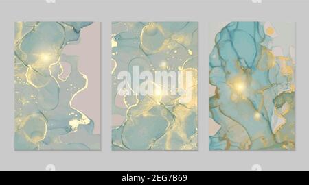 Luxus blau, grau und Gold Marmor abstrakten Hintergrund gesetzt. Alkohol Tinte Technik Vektor Stein Texturen. Kreative Farbe in natürlichen Farben mit Glitzer. Stock Vektor