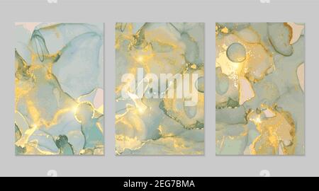 Abstrakte Hintergründe aus blauem, grauem, goldenem Marmor. Set von Alkohol Tinte Technik Vektor Stein Texturen. Moderne Farbe in natürlichen Farben mit Glitzer. Templat Stock Vektor