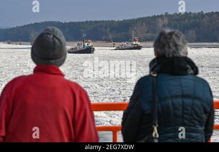 Schwedt, Deutschland. Februar 2021, 18th. Zwei polnische Eisbrecher segeln auf der deutsch-polnischen Grenzfluß oder. Drifteis erhöht die Überschwemmungsgefahr in einigen Abschnitten der oder. Derzeit segeln mehrere deutsche und polnische Eisbrecher stromaufwärts, um die geschlossene Eisdecke aufzubrechen. Quelle: Patrick Pleul/dpa-Zentralbild/ZB/dpa/Alamy Live News Stockfoto